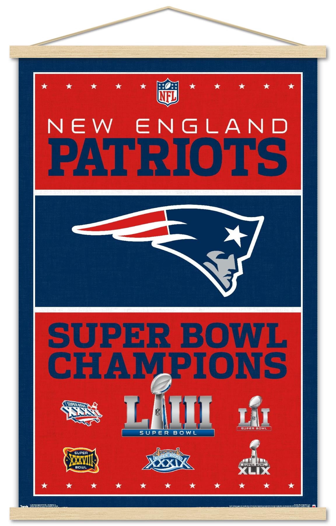 NFL New England Patriots - Champions 19 Wall Poster with Wooden Magnetic Frame, 22.375" x 34"