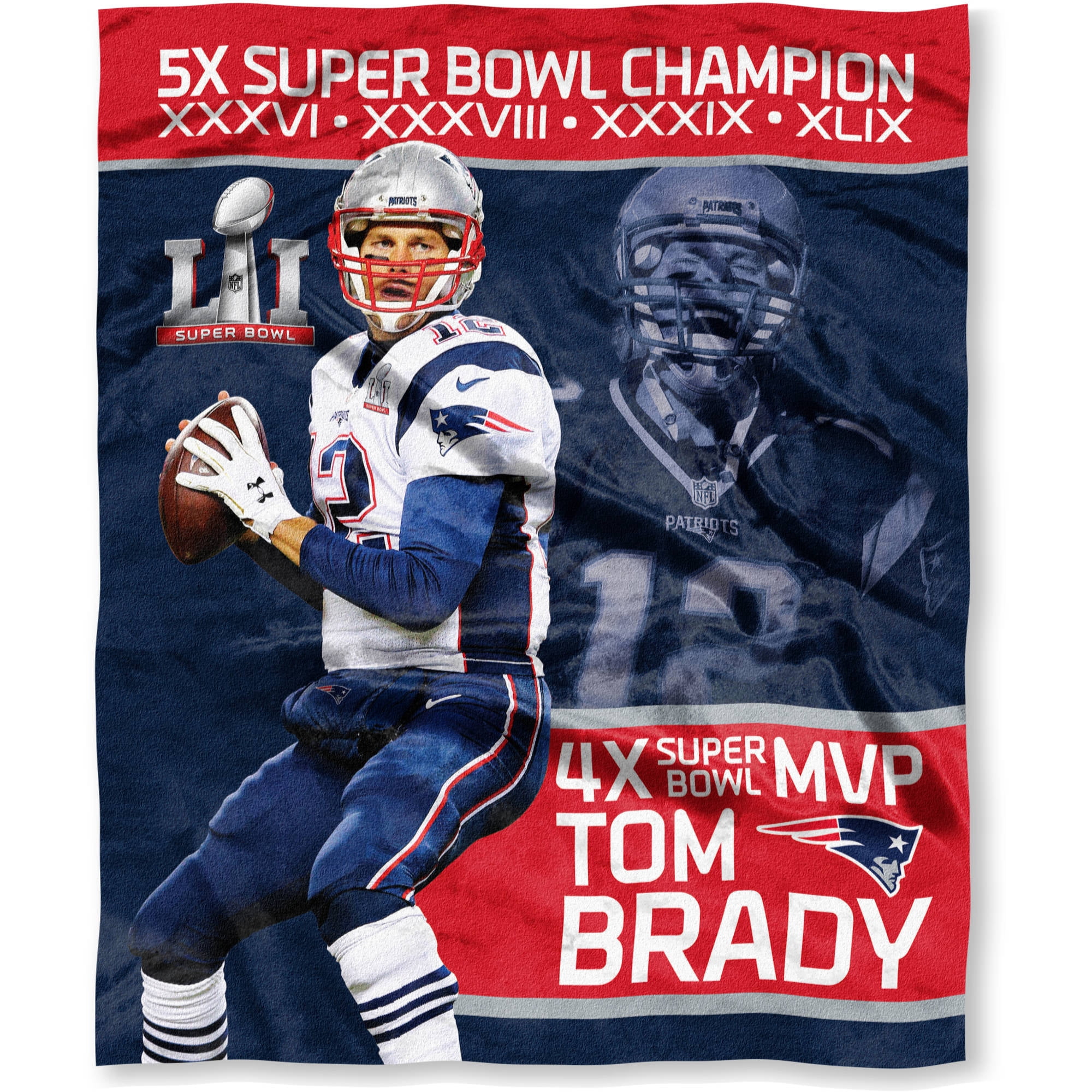 NFL OFFICIAL National Football League Players Association Super Bowl LI MVP  'Tom Brady' New England Patriots 50' x 60' High Definition Silk Touch