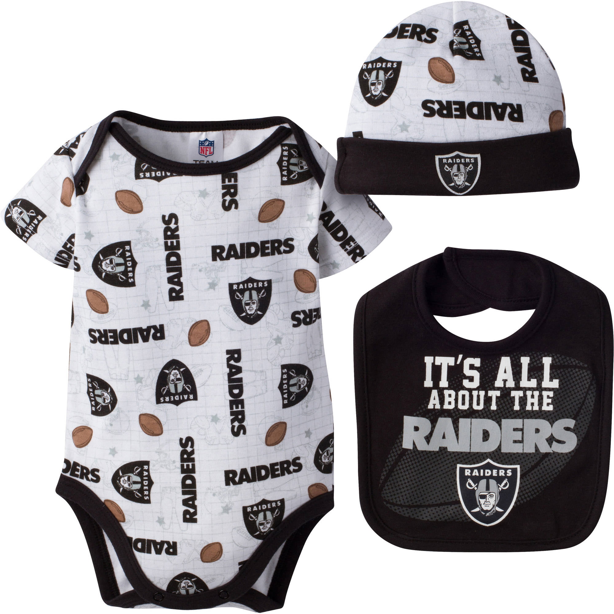 NFL Oakland Raiders Baby Boys Bodysuit, Bib and Cap Outfit Set, 3