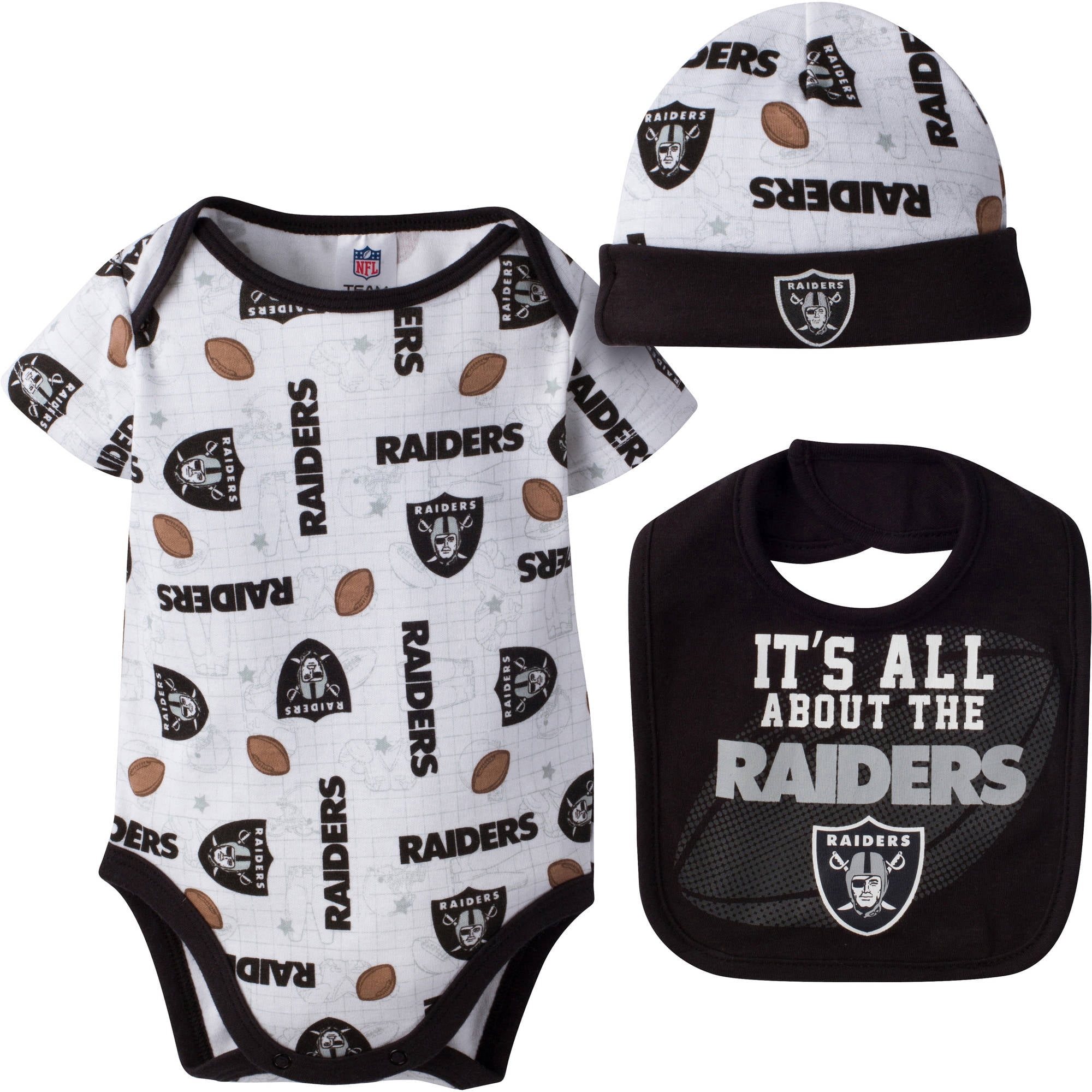 NFL Oakland Raiders Baby Boys Bodysuit, Bib and Cap Outfit Set, 3-Piece 