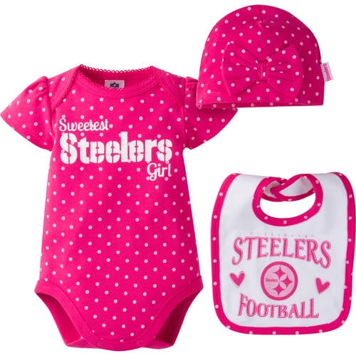 NFL Pittsburgh Steelers Baby Girls Bodysuit, Bib and Cap Outfit Set,  3-Piece 