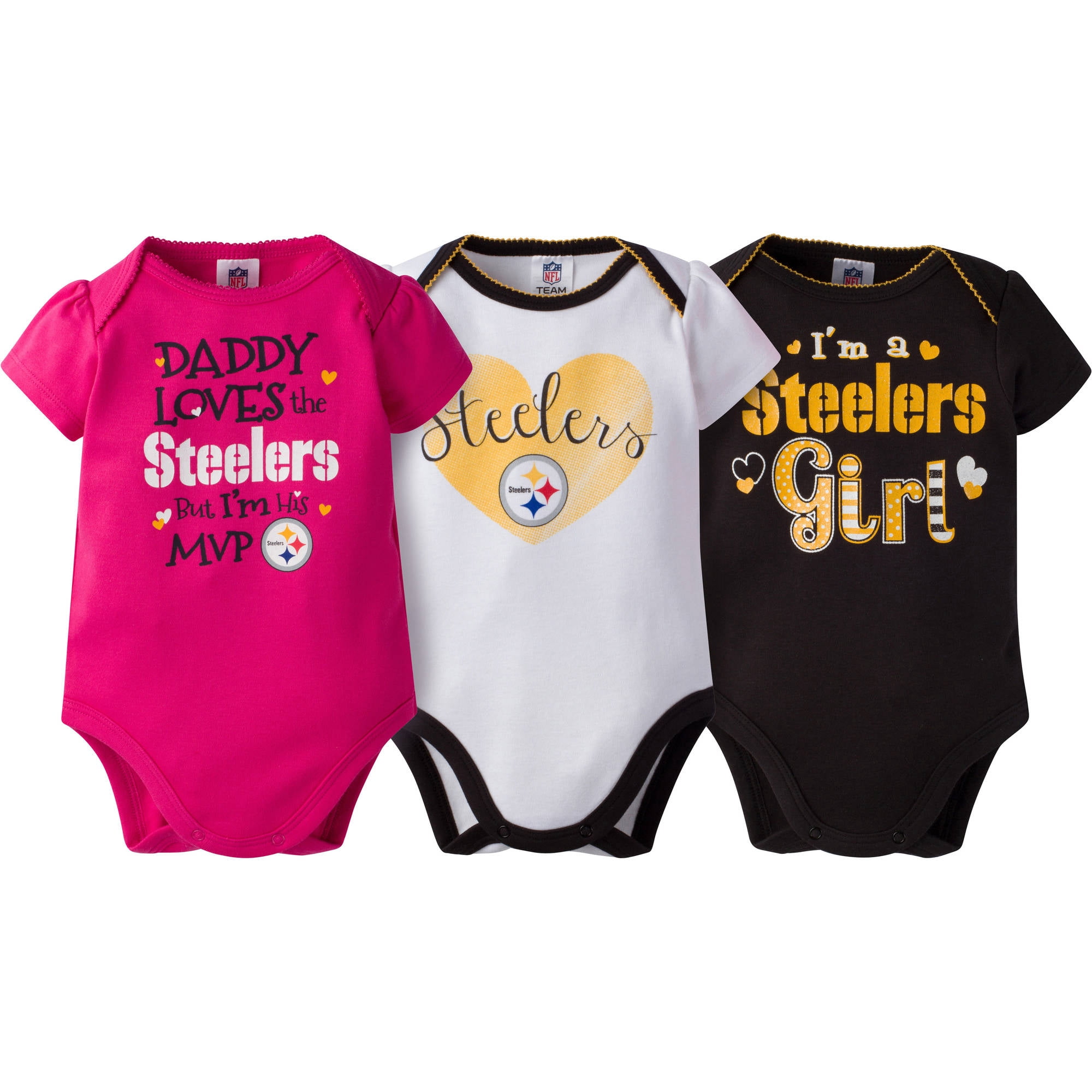 NFL Pittsburgh Steelers Baby Girls Short Sleeve Bodysuit Set, 3