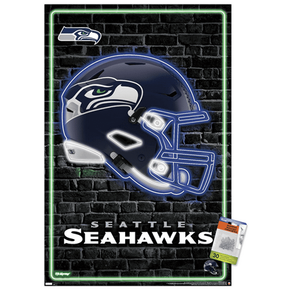 NFL Seattle Seahawks - Neon Helmet 23 Wall Poster with Push Pins, 22.37" x 34"