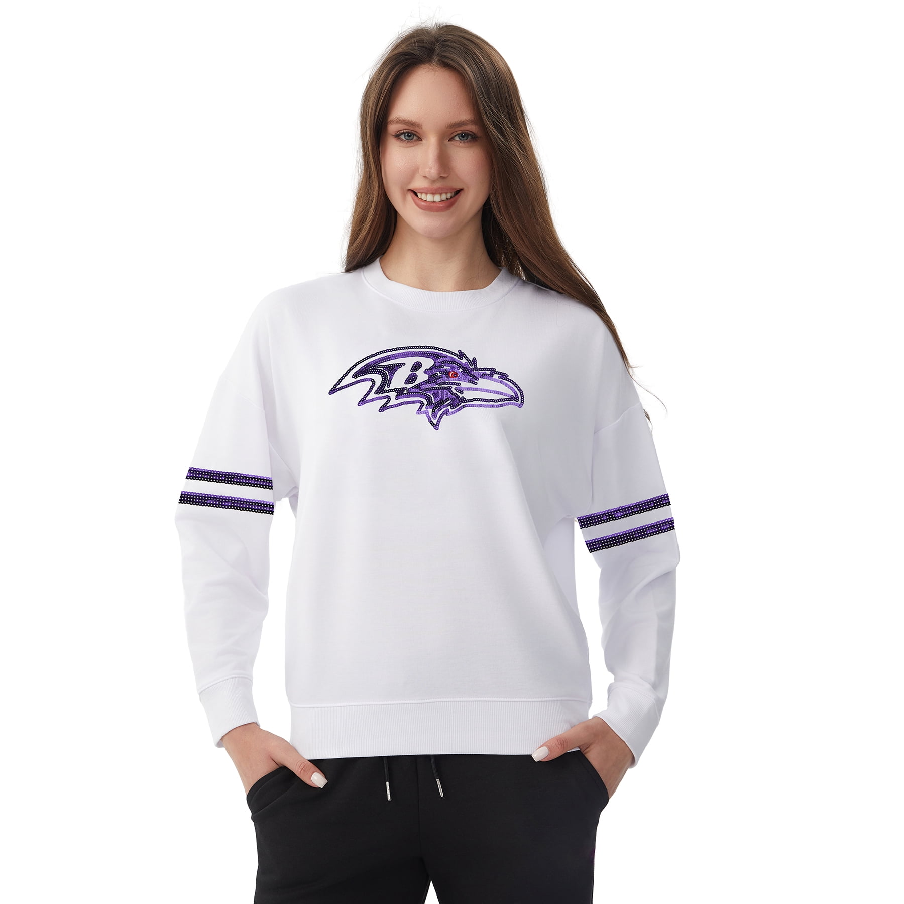 NFL Womens Baltimore Ravens Cozy Sequin Crew Neck Sweatshirt
