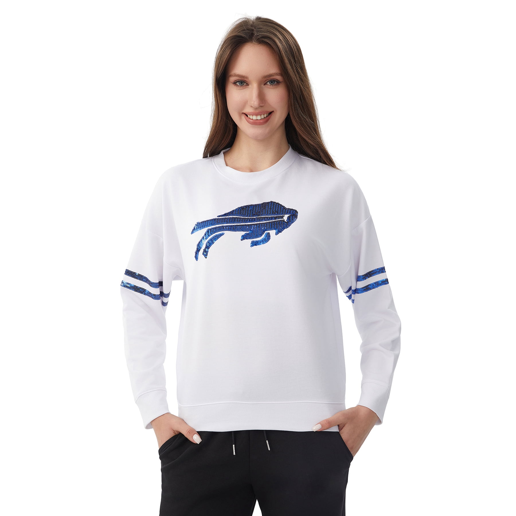 NFL Womens Buffalo Bills Cozy Sequin Crew Neck Sweatshirt