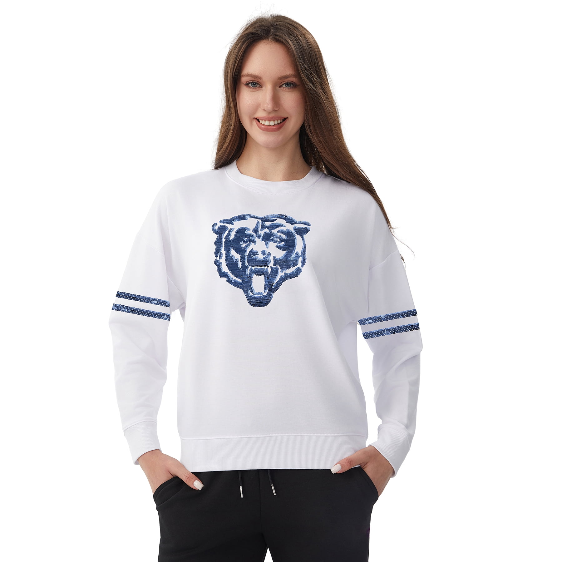 NFL Womens Chicago Bears Cozy Sequin Crew Neck Sweatshirt