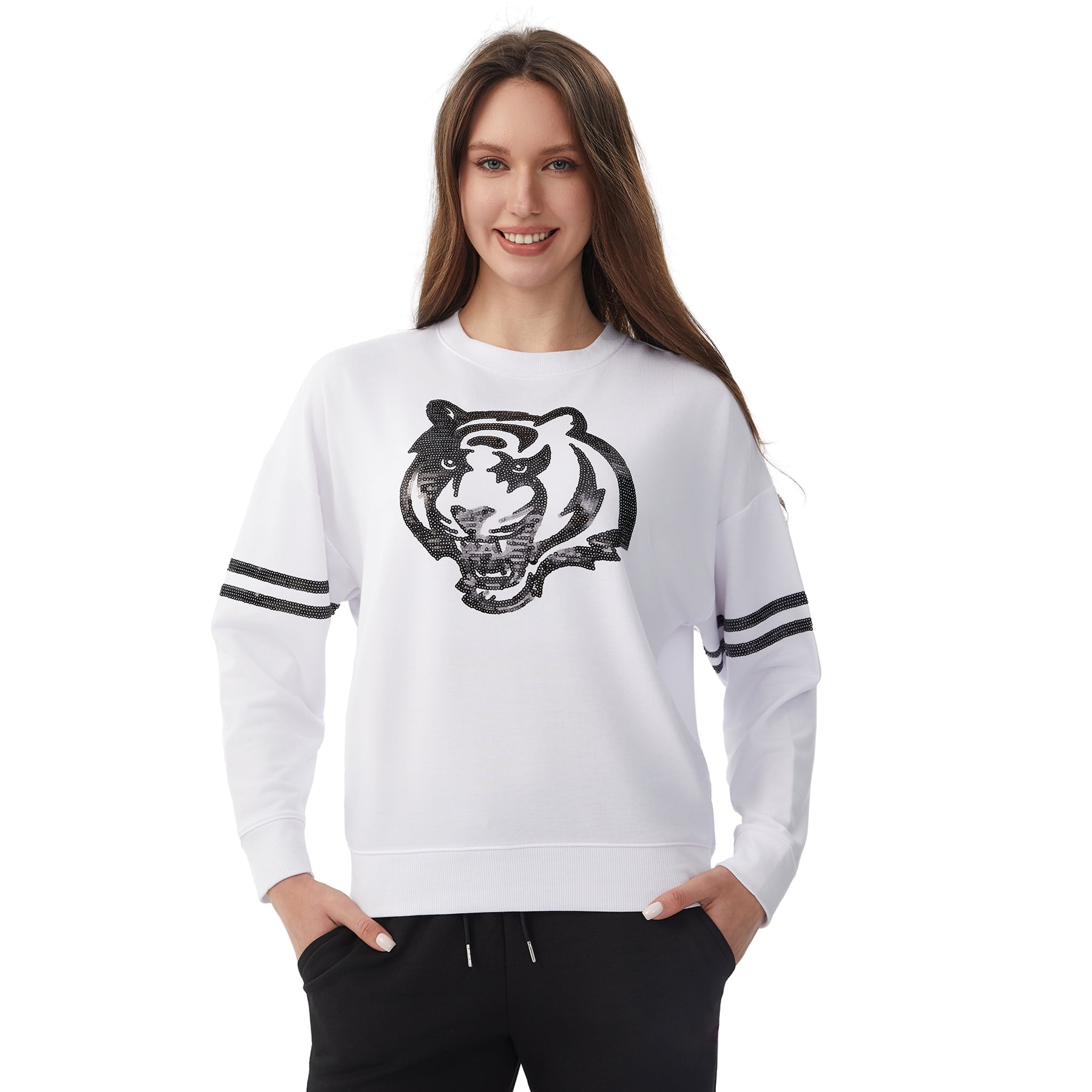 NFL Womens Cincinnati Bengals Cozy Sequin Crew Neck Sweatshirt