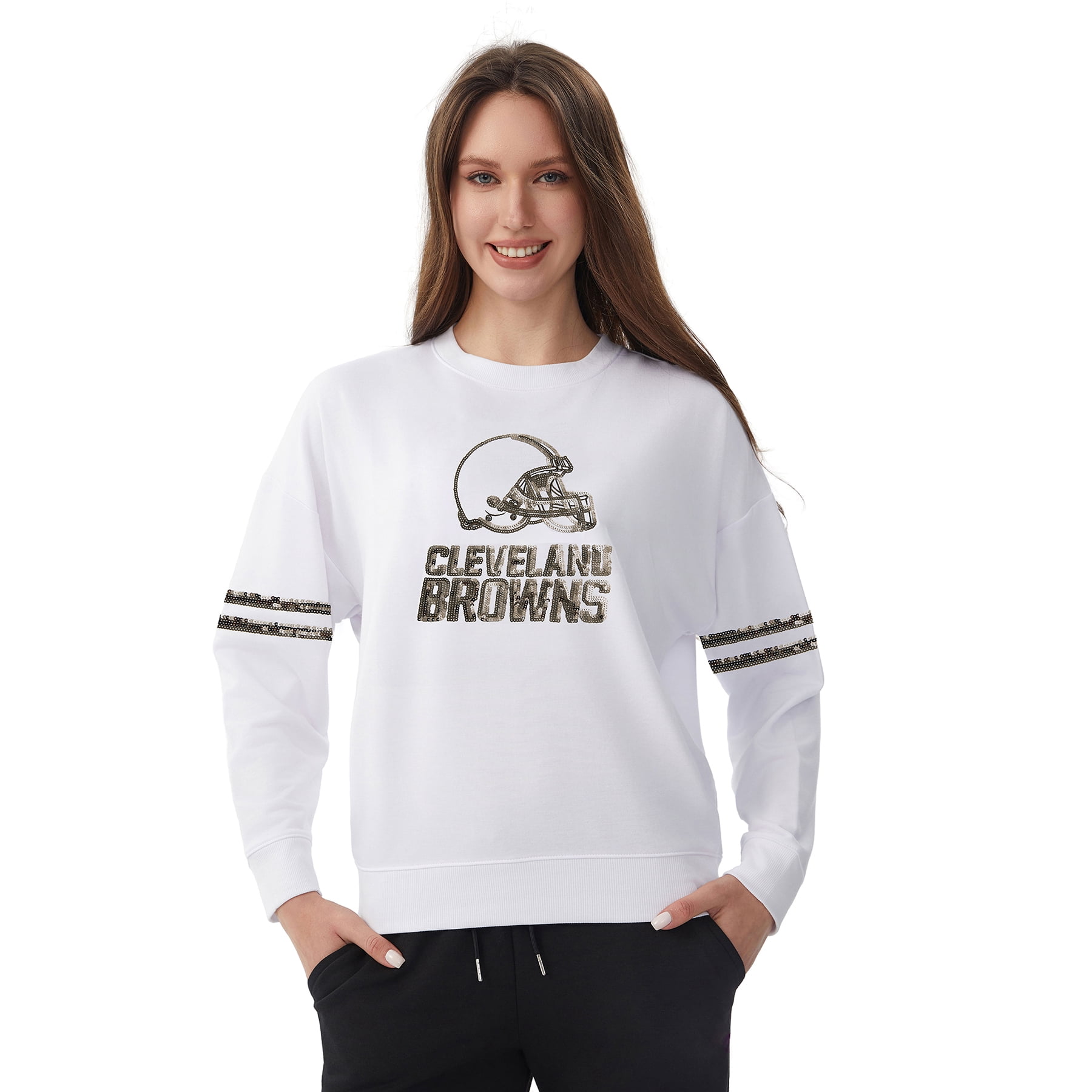 NFL Womens Cleveland Browns Cozy Sequin Crew Neck Sweatshirt