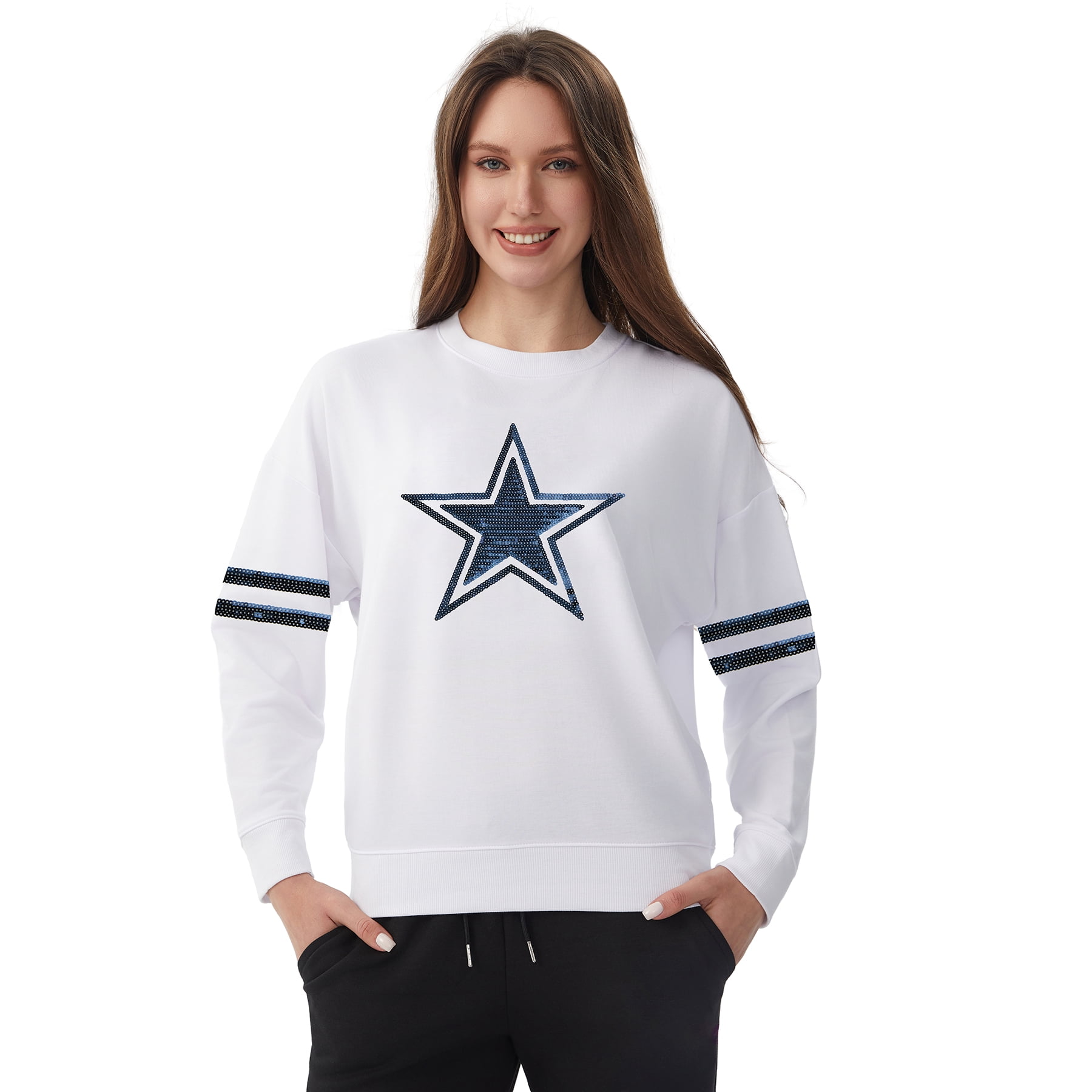 NFL Womens Dallas Cowboys Cozy Sequin Crew Neck Sweatshirt