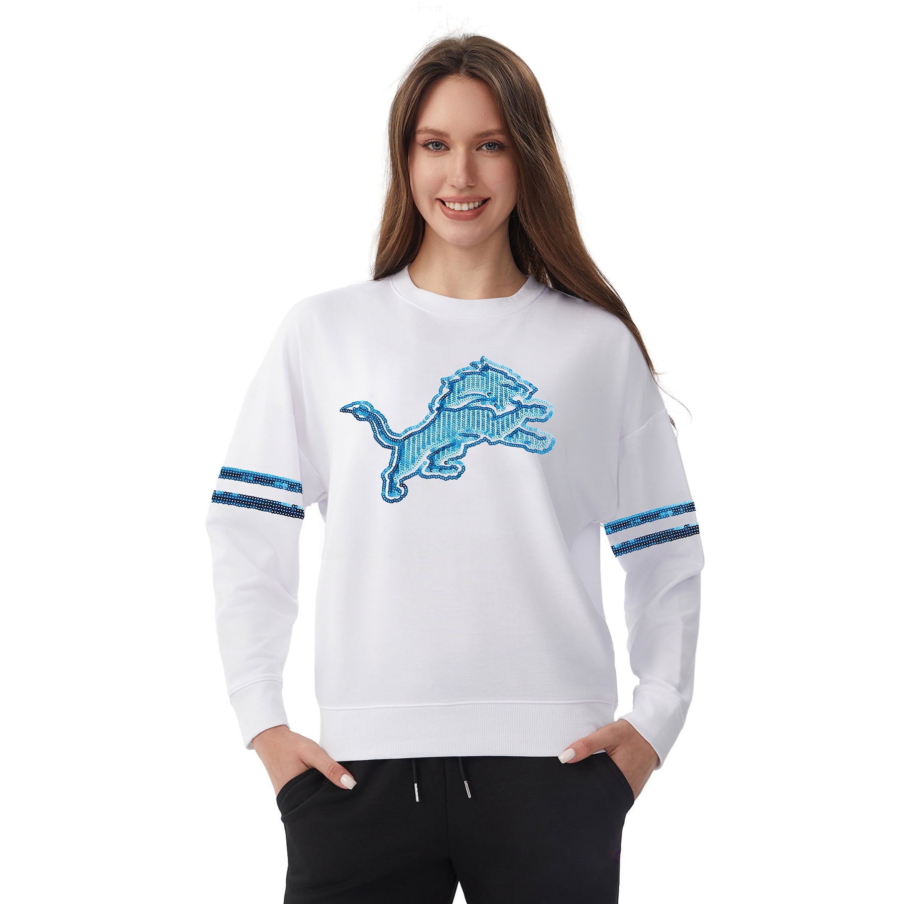 NFL Womens Detroit Lions Cozy Sequin Crew Neck Sweatshirt