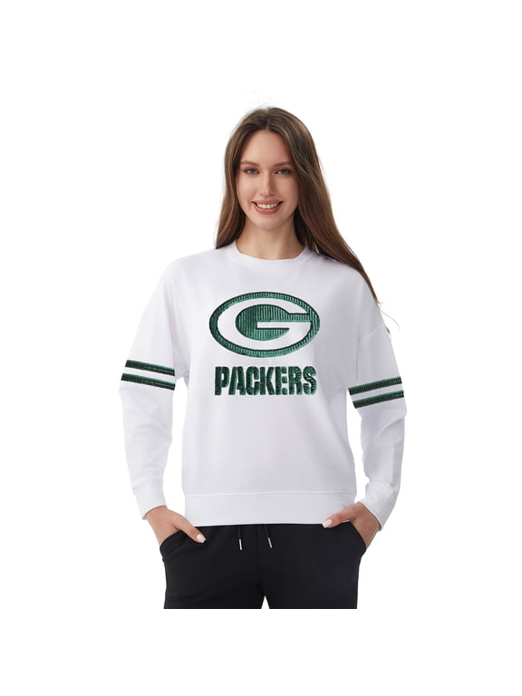 NFL Womens Green Bay Packers Cozy Sequin Crew Neck Sweatshirt