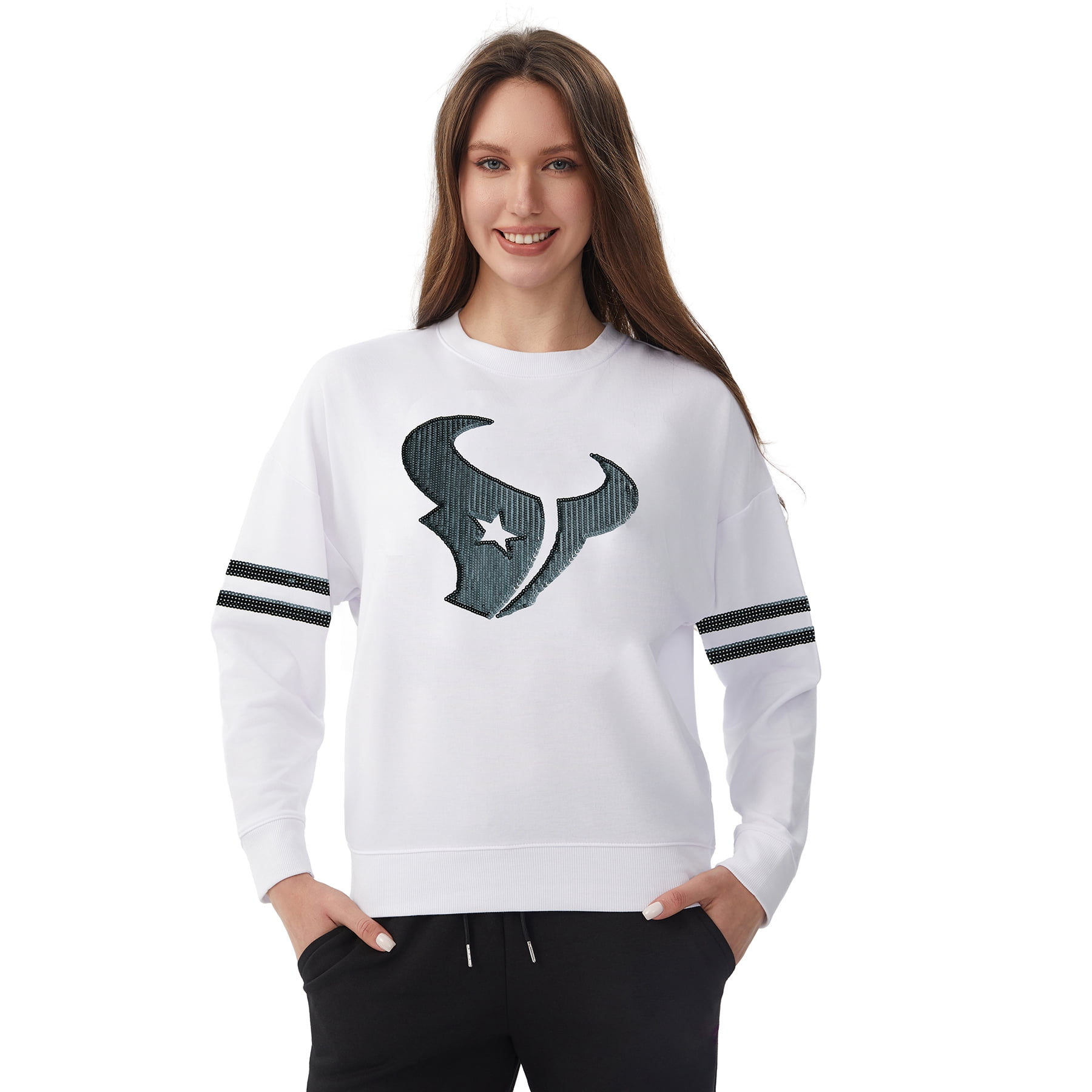 NFL Womens Houston Texans Cozy Sequin Crew Neck Sweatshirt
