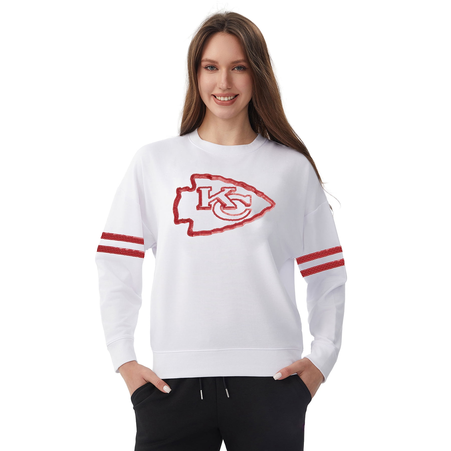 NFL Womens Kansas City Chiefs Cozy Sequin Crew Neck Sweatshirt