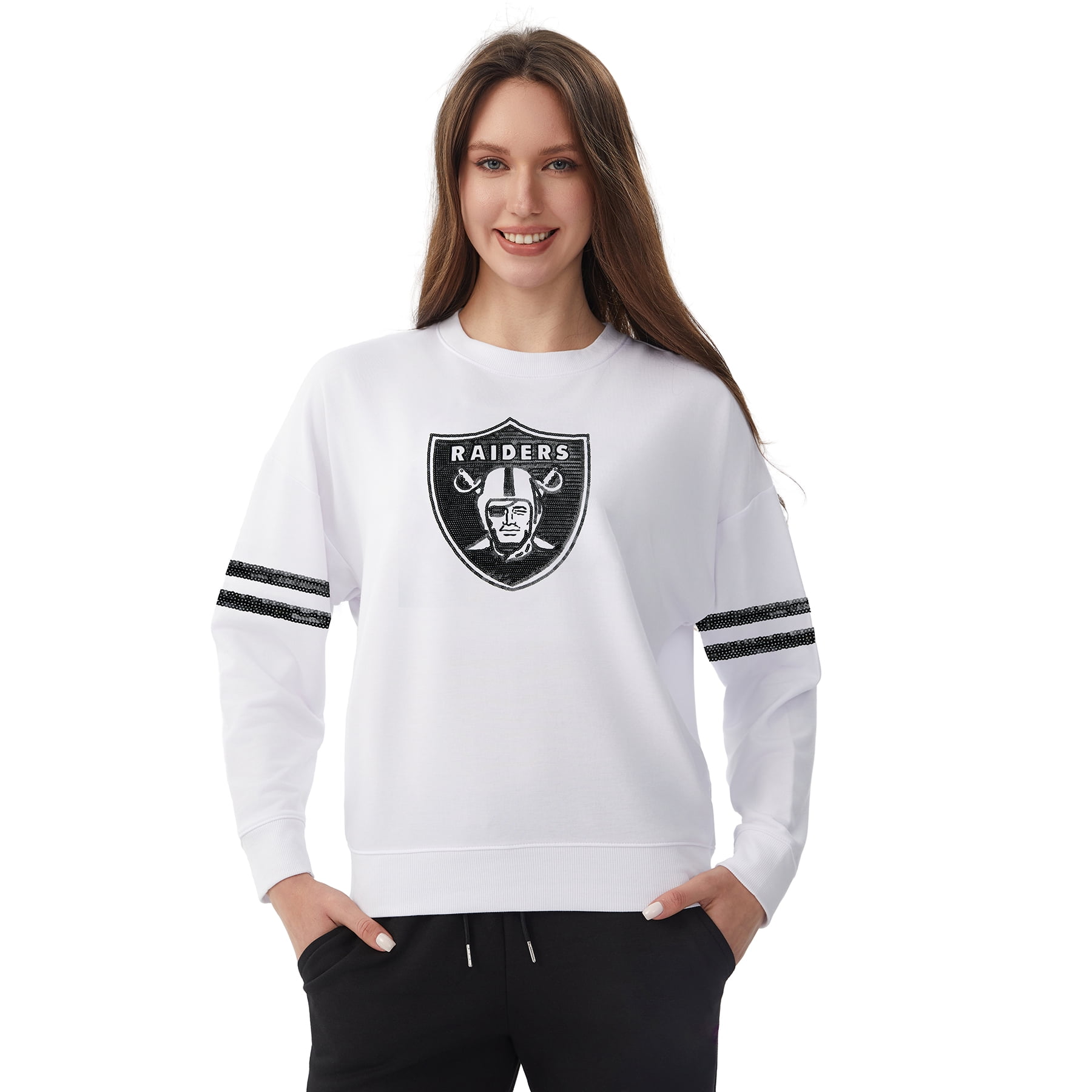NFL Womens Las Vegas Raiders Cozy Sequin Crew Neck Sweatshirt