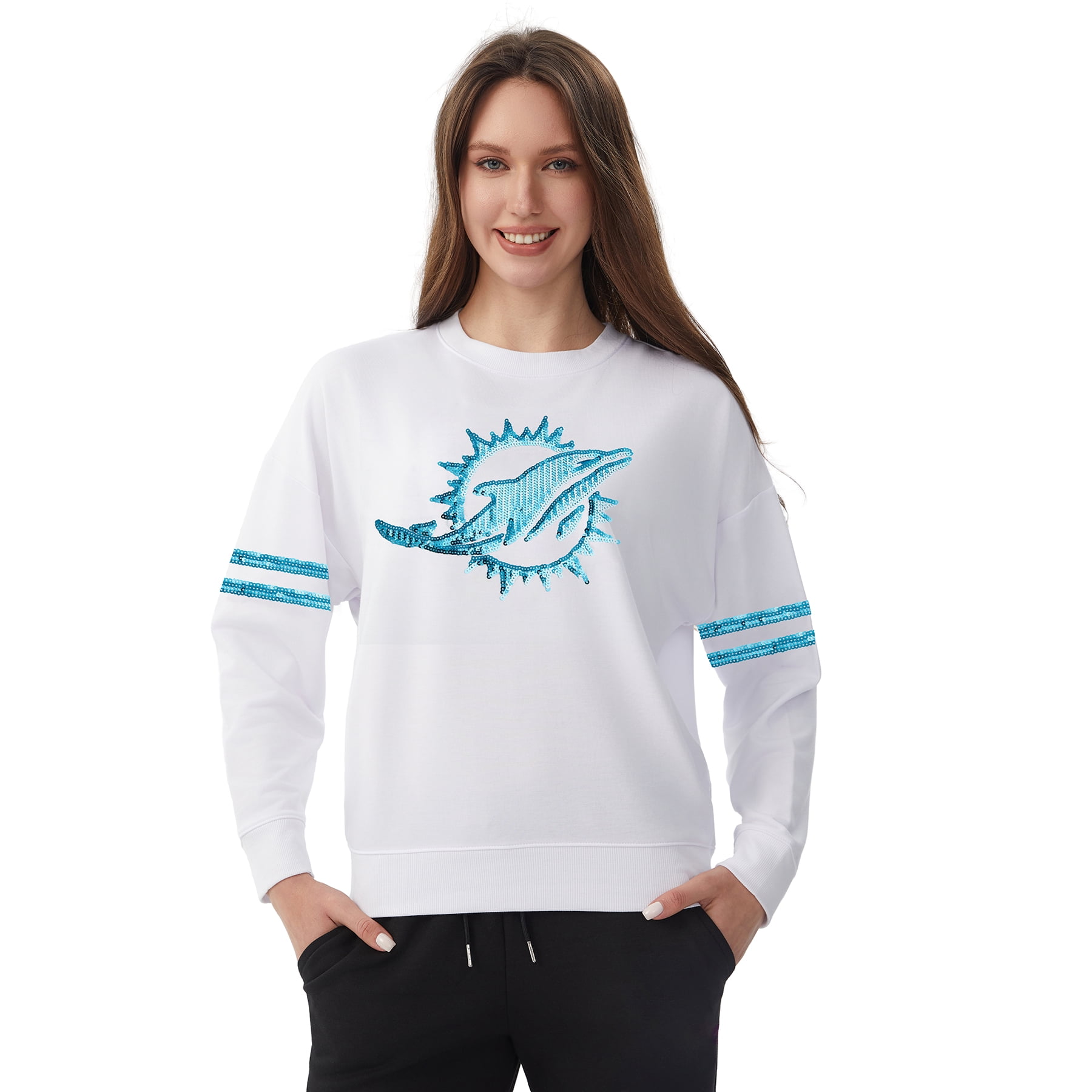 NFL Womens Miami Dolphins Cozy Sequin Crew Neck Sweatshirt