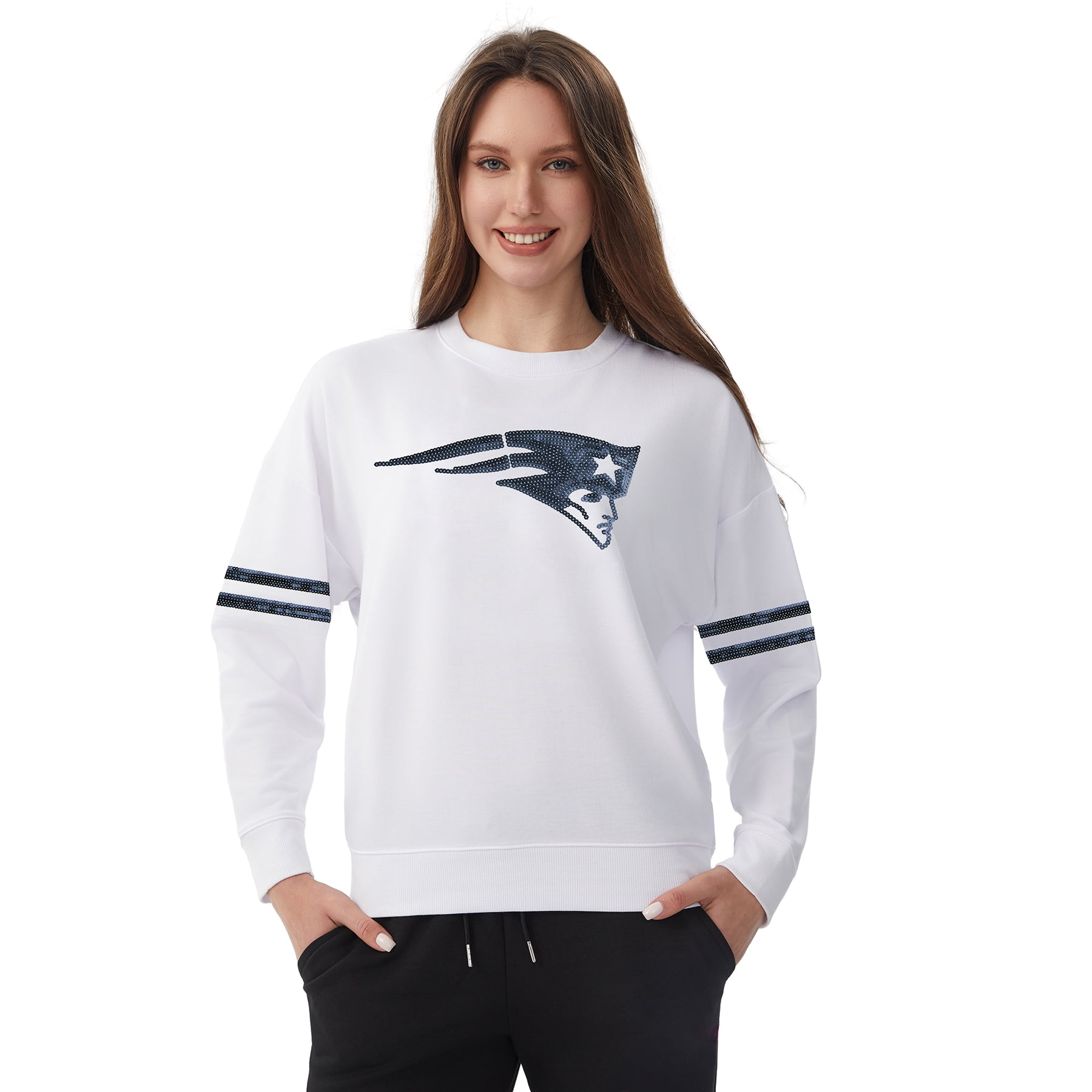 NFL Womens New England Patriots Cozy Sequin Crew Neck Sweatshirt