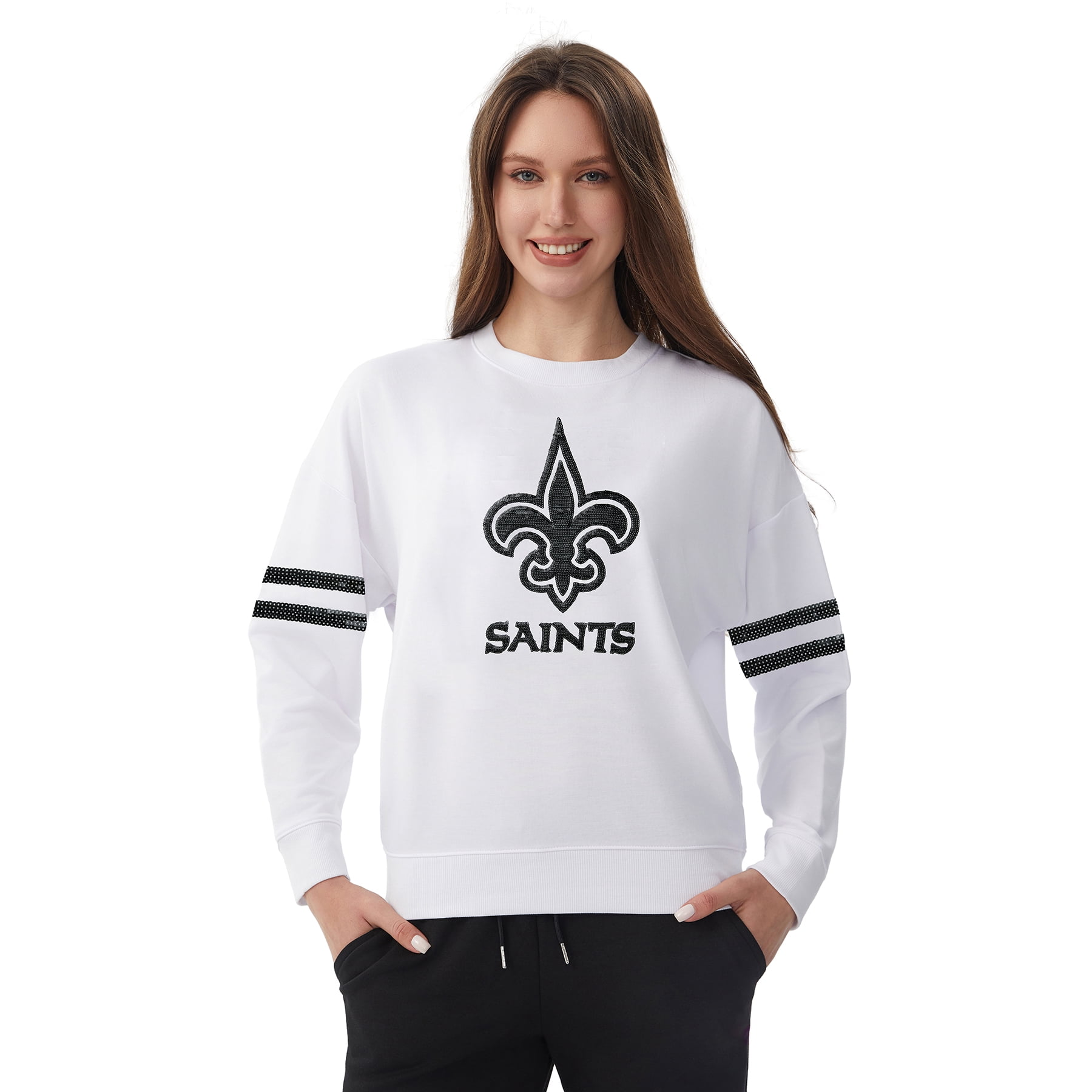 NFL Womens New Orleans Saints Cozy Sequin Crew Neck Sweatshirt