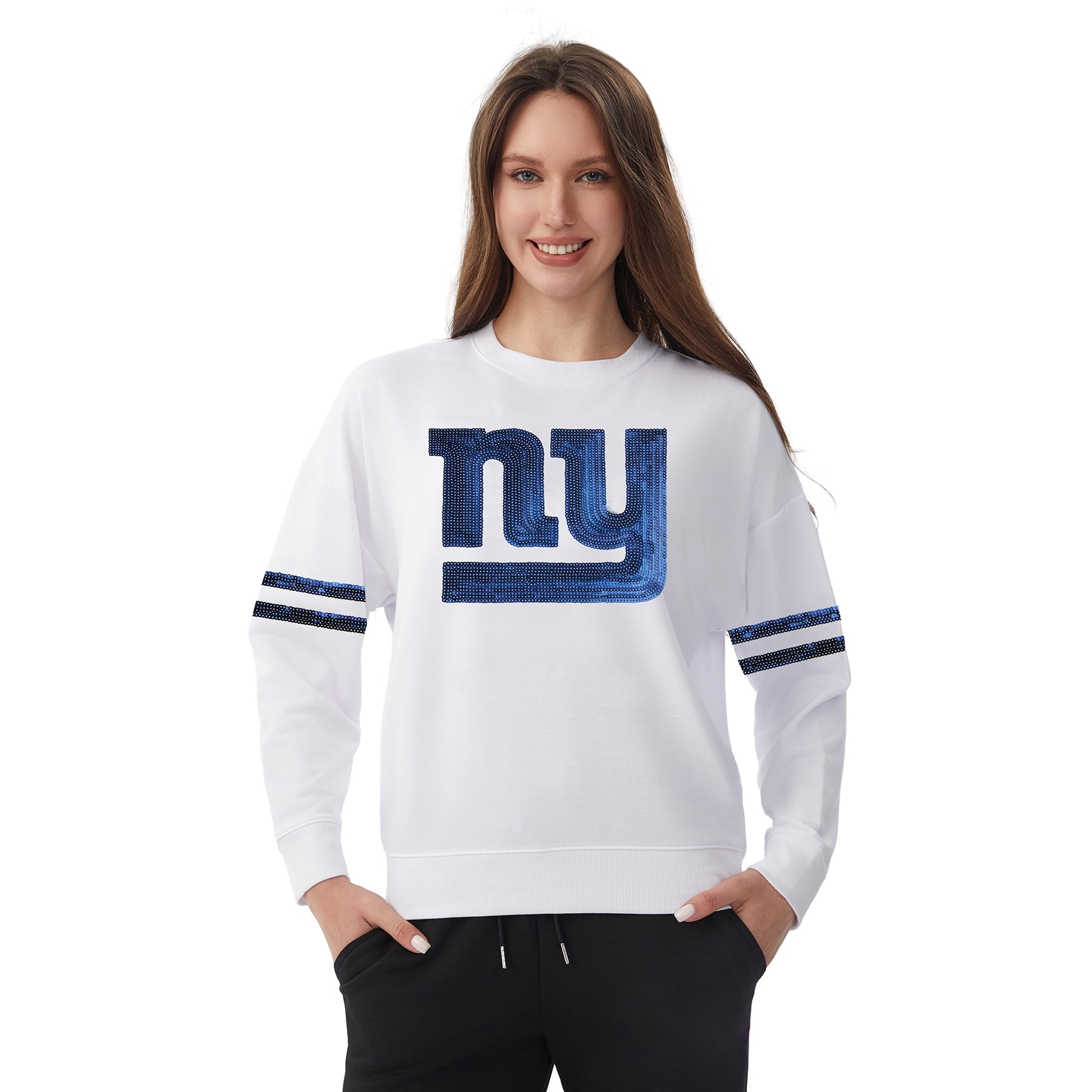 NFL Womens New York Giants Cozy Sequin Crew Neck Sweatshirt