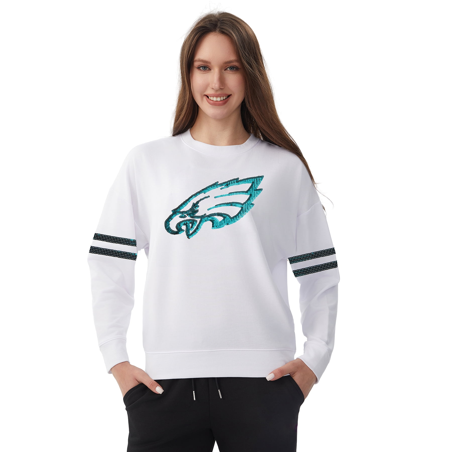 NFL Womens Philadelphia Eagles Cozy Sequin Crew Neck Sweatshirt