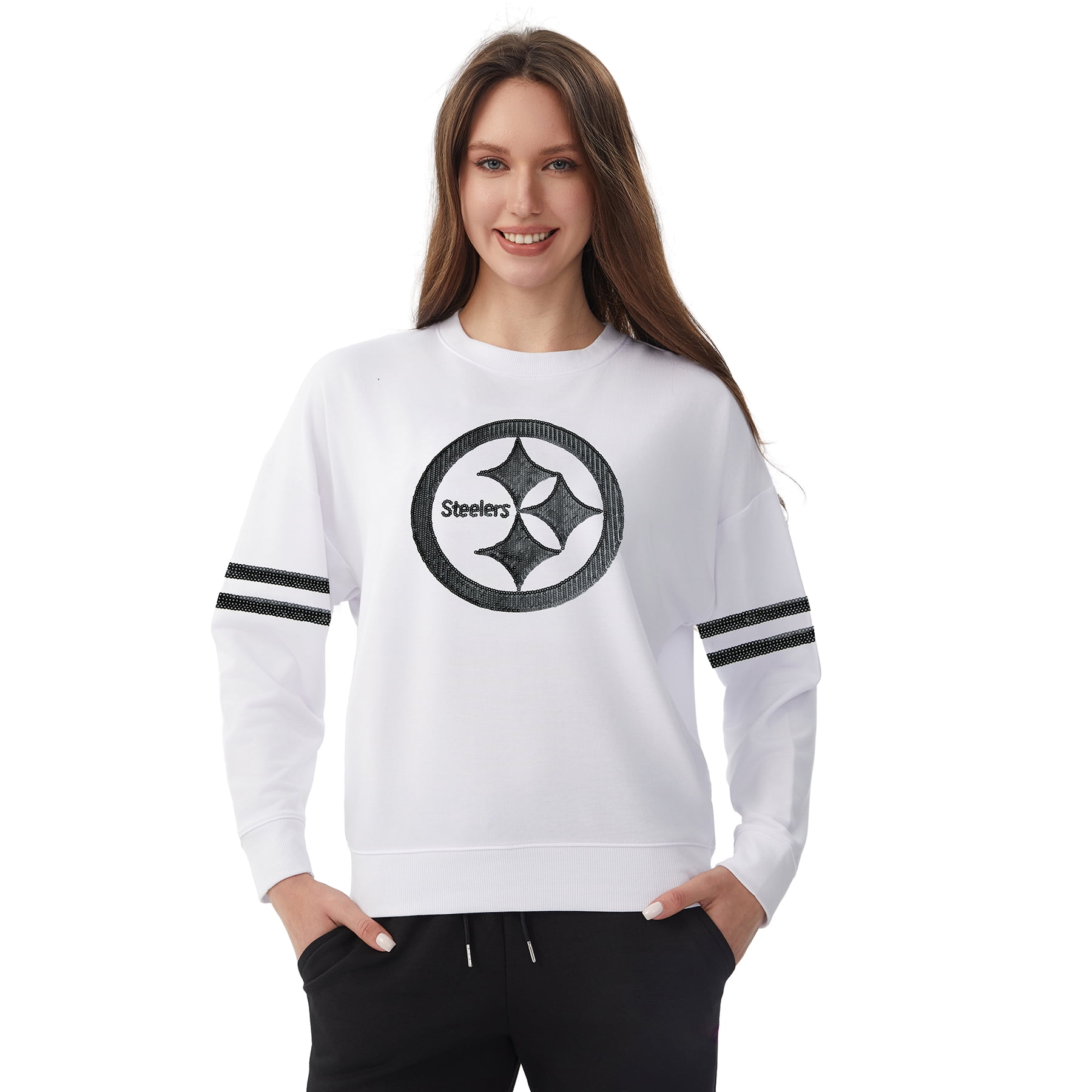 NFL Womens Pittsburgh Steelers Cozy Sequin Crew Neck Sweatshirt