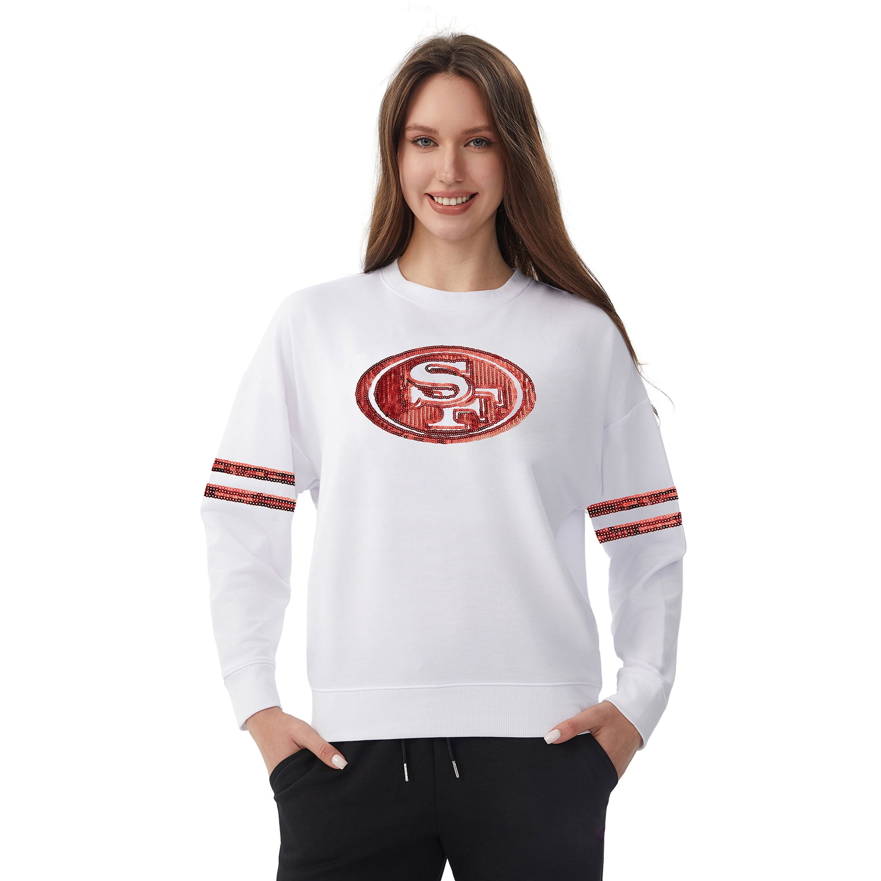 NFL Womens San Francisco 49ers Cozy Sequin Crew Neck Sweatshirt