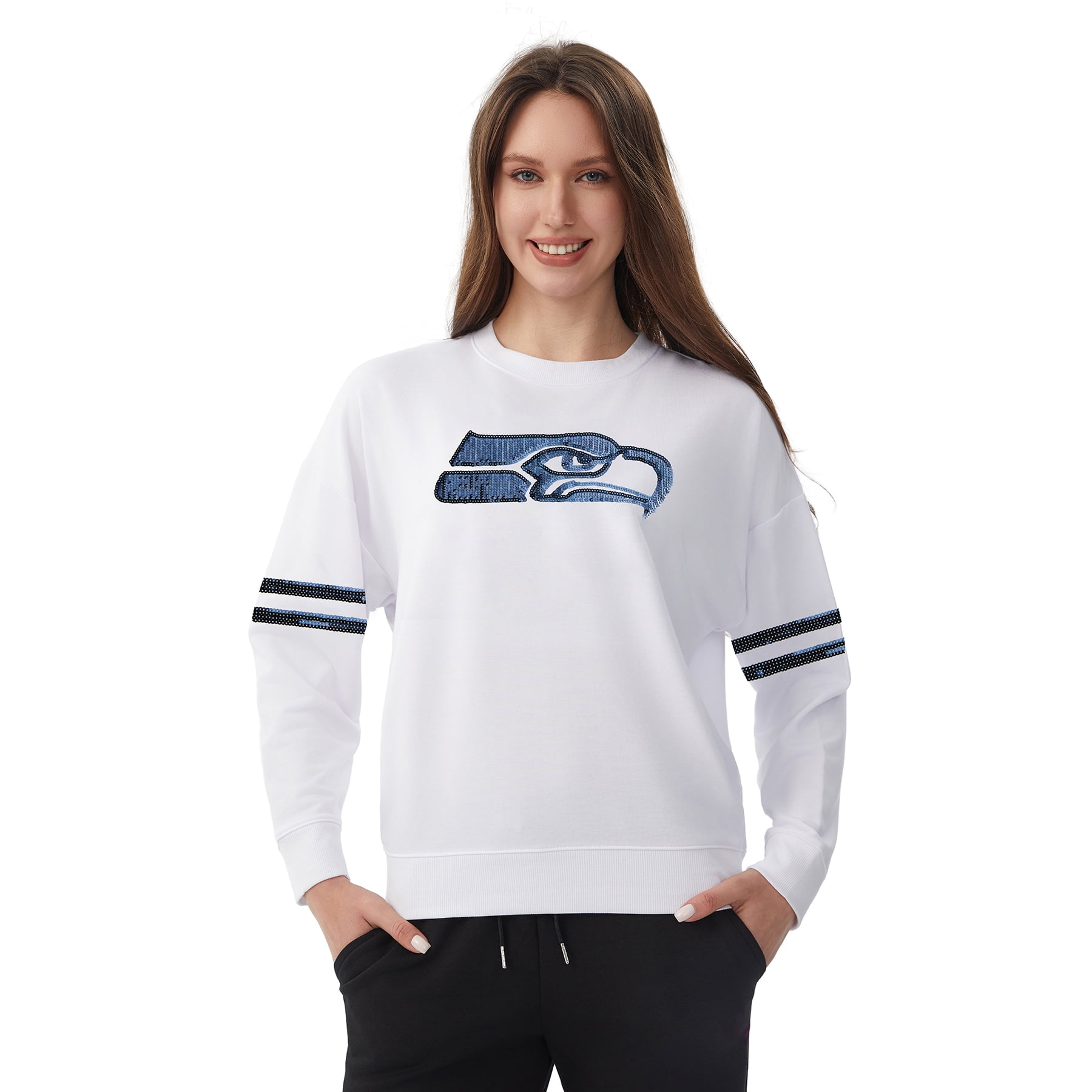 NFL Womens Seattle Seahawks Cozy Sequin Crew Neck Sweatshirt