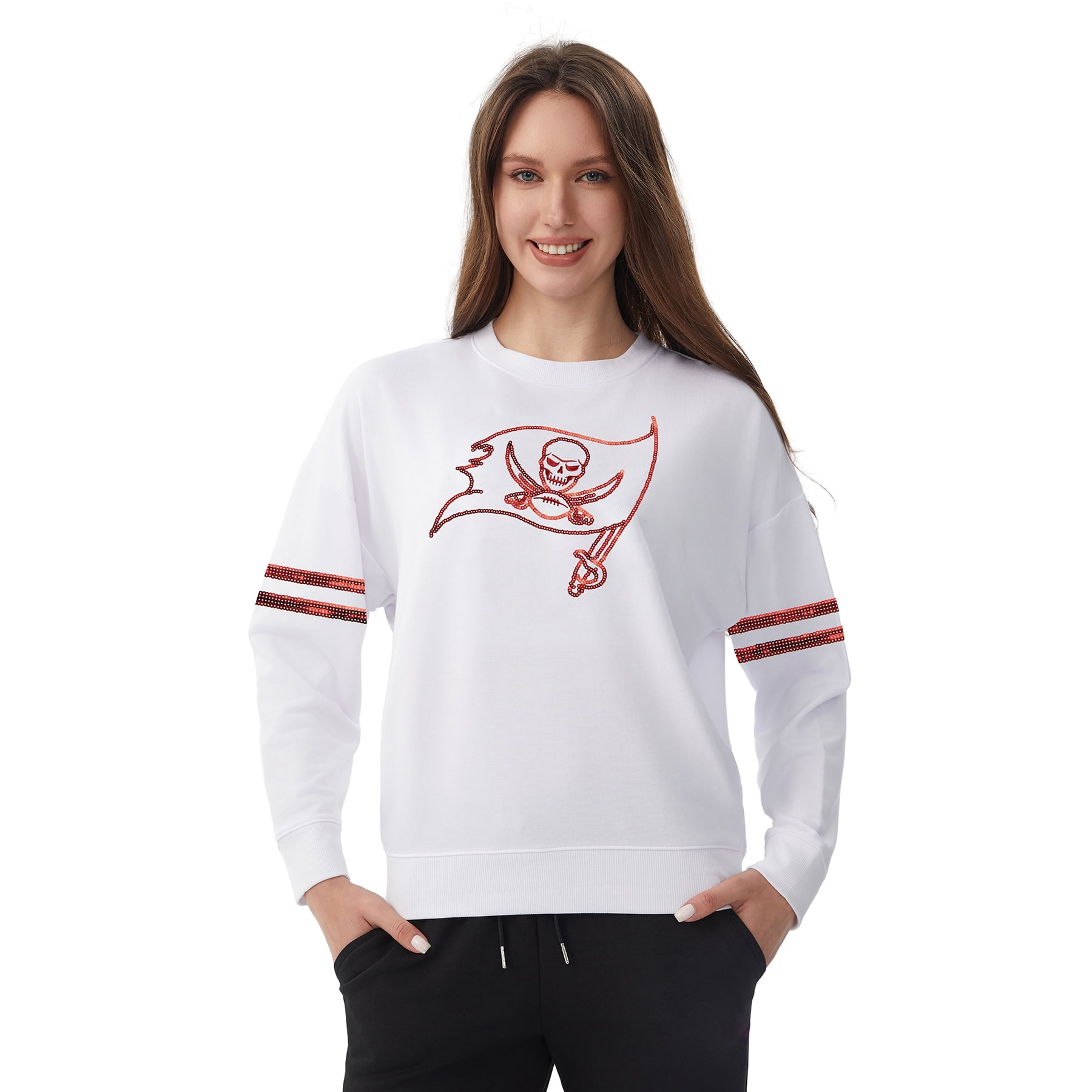 NFL Womens Tampa Bay Buccaneers Cozy Sequin Crew Neck Sweatshirt
