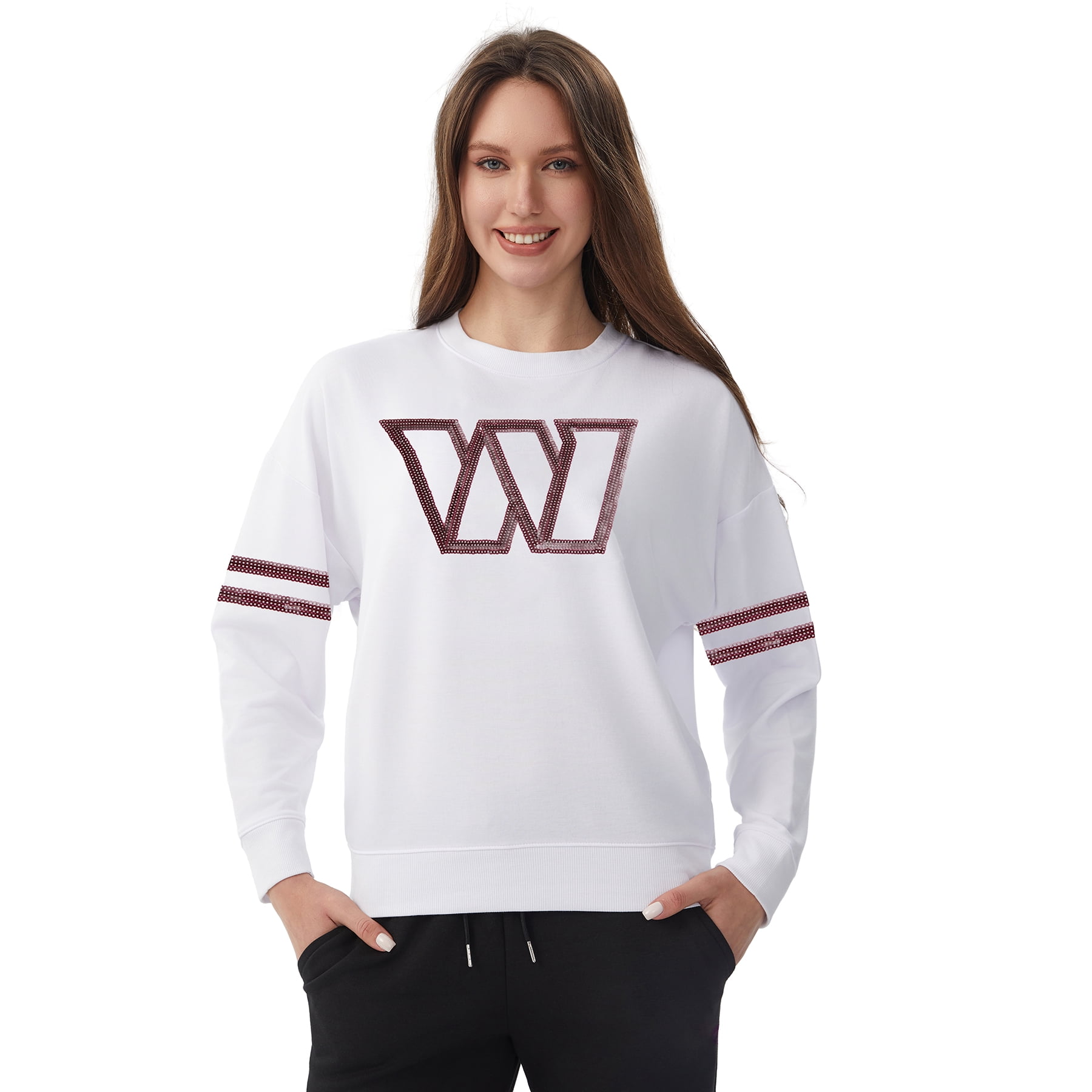 NFL Womens Washington Commanders Cozy Sequin Crew Neck Sweatshirt