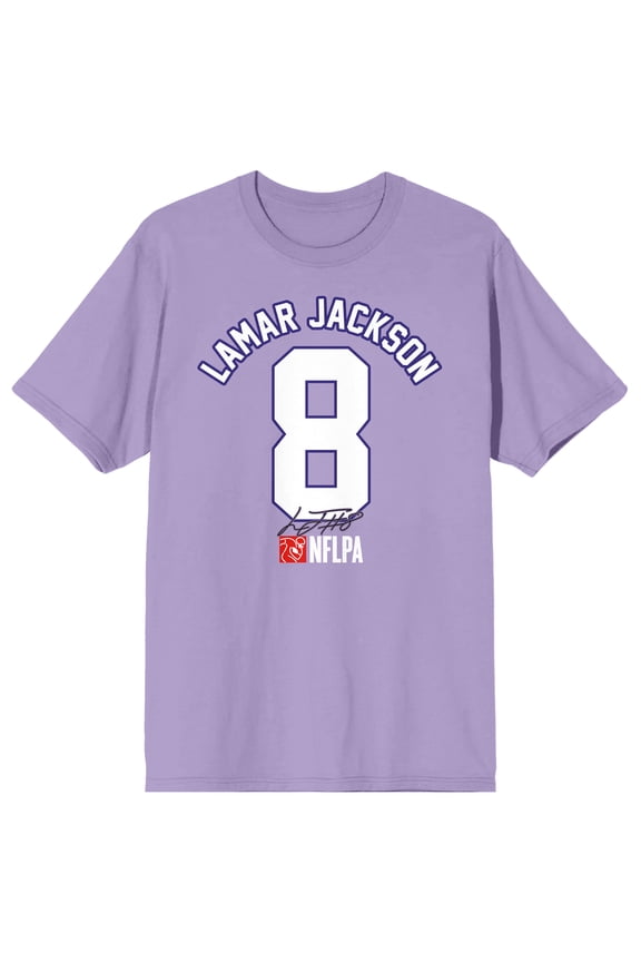 NFLPA Lamar Jackson 8 Signature Adult Orchid Crew Neck Short Sleeve T-shirt-XL