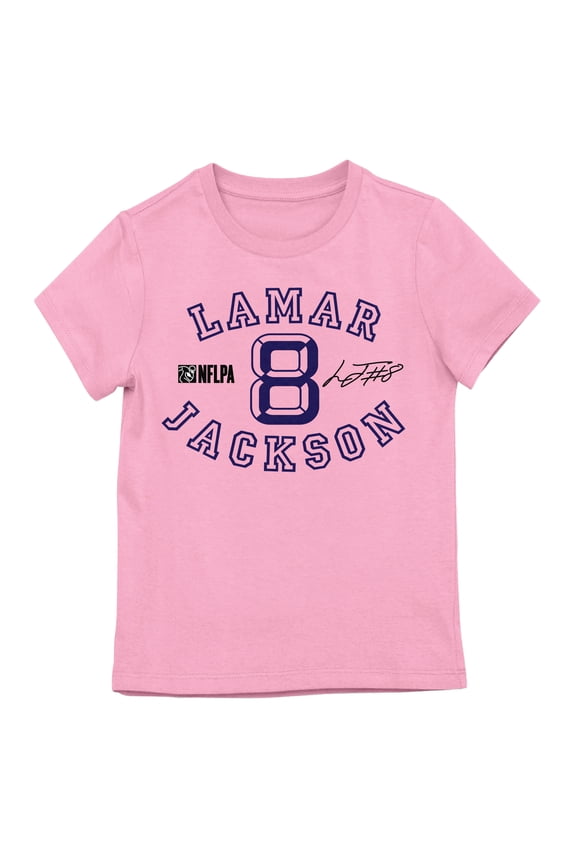 NFLPA Lamar Jackson 8 Signature Girl's Pink Crew Neck Short Sleeve T-shirt-XL