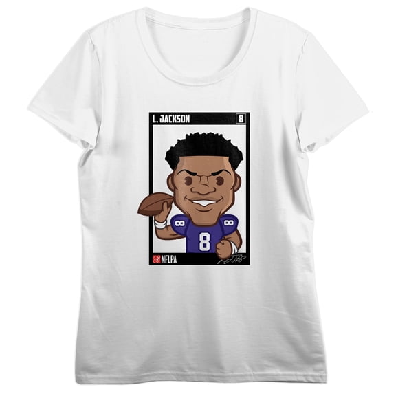NFLPA Lamar Jackson Vector Caricature Women's White Crew Neck Short Sleeve T-shirt-Small