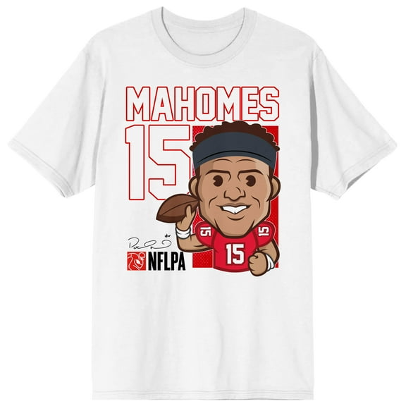 NFLPA Patrick Mahomes 15 Caricature Adult White Crew Neck Short Sleeve T-shirt-Large