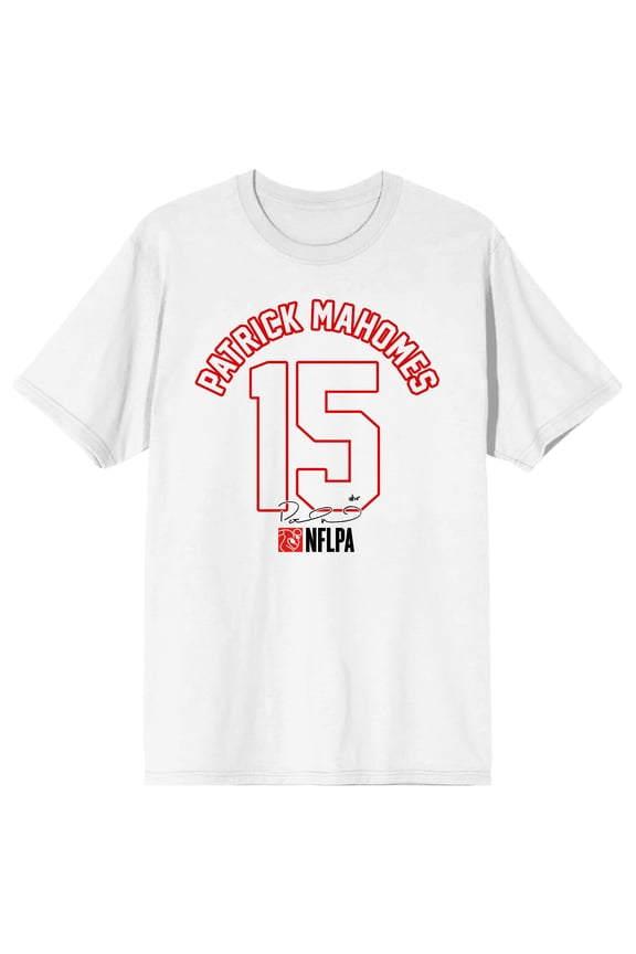 NFLPA Patrick Mahomes 15 Signature Adult White Crew Neck Short Sleeve T-shirt-Small