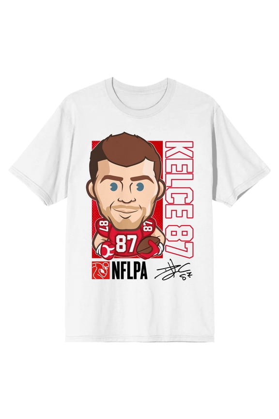 NFLPA Travis Kelce #87 Charicature Men's White Short Sleeve Tee-XXL