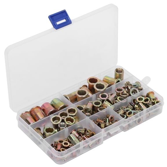 NFTIGB 128Pcs Steel Rivet Nut Assortment Kit, Color-Plated Zinc Finish, Flat Head Threaded Insert Nutsert Set, M3 M4 M5 M6 M8 M10 M12 Combination Sizes (17 cm / 6.69 inches Case)