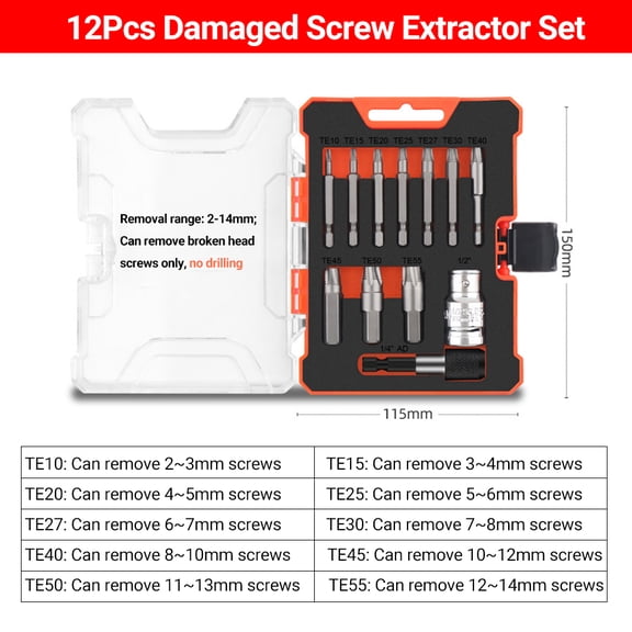 NFTIGB 12Pcs Damaged Screw Extractor Set, Heavy Duty Broken Bolt Remover Tool Kit for 2-14mm Stripped Head Screws & Nuts, Multi-Spline Easy Out Drill Bit Tool Accessories for Fast Extraction