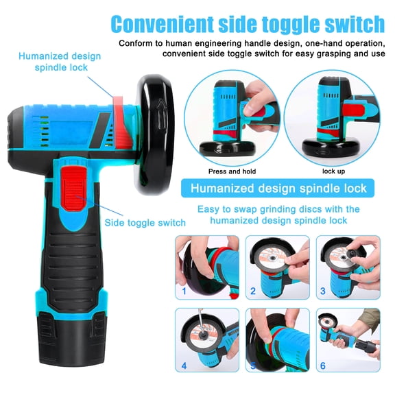 NFTIGB 12V 19500rpm Cordless Electric Angle Grinder, 2 Batteries, 220V EU Plug, 3 inches / 76 mm, Blue