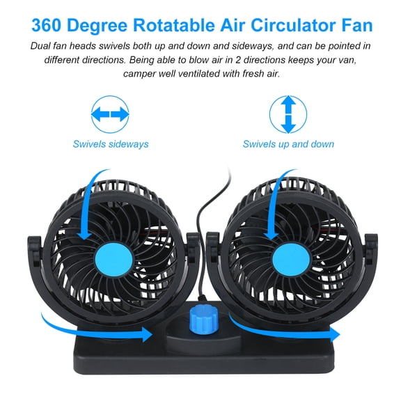NFTIGB 12V Dual-Head USB Car Fan with 360 Degree Rotation, 2 Speed Powerful Air Circulator Dashboard Cooling Fan for Truck Sedan Van Office Home Desktop 10.6 Inches / 27 cm
