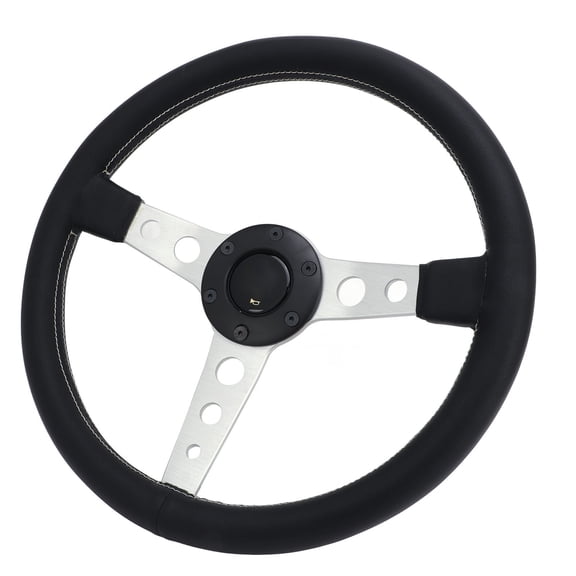 NFTIGB 14 Inches / 35.5 cm Universal Car Steering Wheel Premium Leather with White Inner Stitching Silver Aluminum Alloy Frame Racing Style Replacement Parts for Automotive Vehicles