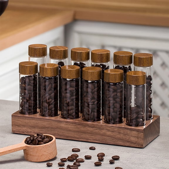NFTIGB 14-Piece Single Dose Coffee Bean Storage Tubes with Walnut Wood Display Stand Airtight Glass Coffee Cellar Container Tubes Set for Countertop, 4.72 & 3.94 Inches