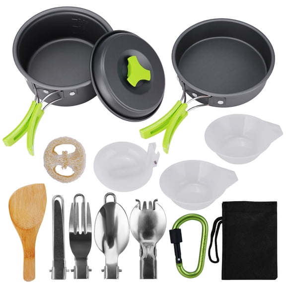 NFTIGB 15Pcs Camping Cookware Backpacking Gear, Non Stick Mess Kit for 1-2 People Lightweight Compact Durable Pot Pan Bowls Set (6.5 inches / 16.5 cm)