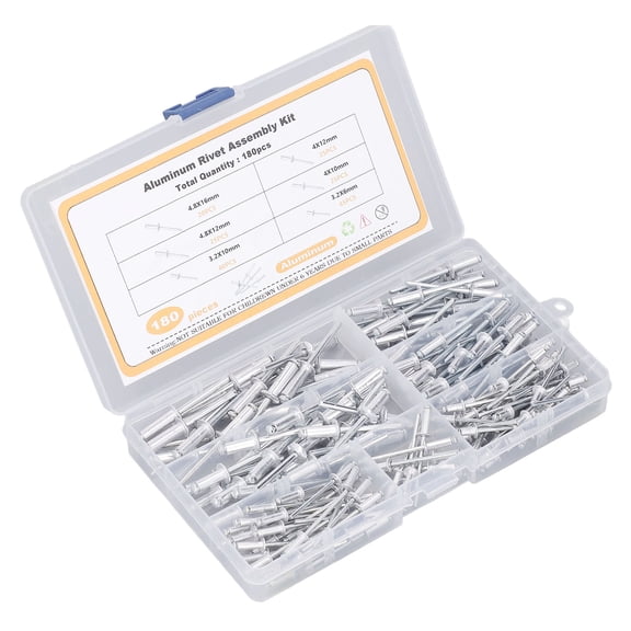 NFTIGB 180 Pieces Aluminum Blind Rivets Assortment Kit 6 Sizes Flange Hardware Rivet Set For Metal Wood Furniture Automotive Construction Connection Repair General Fastening With Storage Box