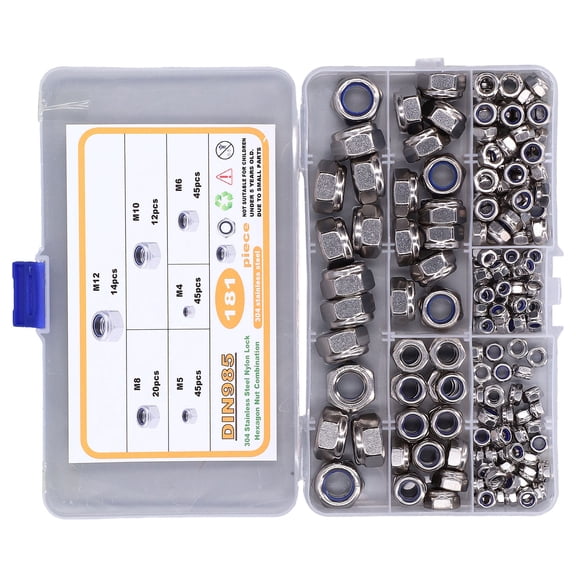 NFTIGB 181-Piece Stainless Steel Lock Nuts Assortment (M4-M12) / 7.87 inches / 20 cm Length Nylon Insert Hardware Nuts Set for Automotive & General Use