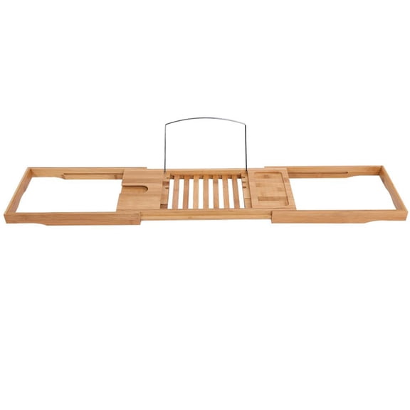 NFTIGB 1Pc Extendable Bamboo Bathtub Rack Shelf, Natural Wood Bathroom Shower Tub Book Reading Tray Stand with Wine Glass Holder (27.5-41.3 inches / 70-105 cm)