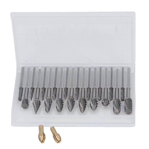 NFTIGB 20 Pcs Double Cut Tungsten Carbide Rotary Burr Set 1/8 inches / 3.175 mm Shank with 2 Collets Storage Box for Woodworking Carving Engraving Polishing Cutting Drilling Tool Attachment Kits
