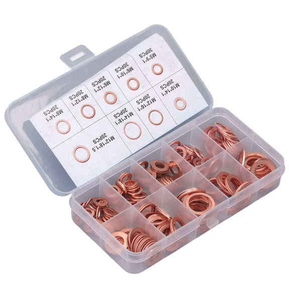NFTIGB 200 Pcs Red Copper Oil Drain Plug Washer Assortment, 9 Types of Metric Sealing Gaskets M5-14, High Conductivity Hardware Washers for Auto Sumps, Water & Hydraulic Connections