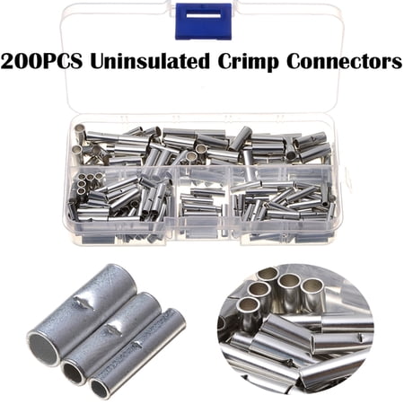 NFTIGB 200PCS Non-Insulated Butt Connectors Electrical Wire Ferrule Cable Crimp Terminals Assortment Kit (12-10AWG, 16-14AWG, 22-18AWG) with Transparent Storage Box (5.20 inches / 13.2 cm)
