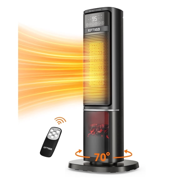 NFTIGB Space Heater with Flame Effect, 1500W Ceramic Heater with Thermostat, PTC Heater for Indoor, 12H Timer & Remote, for Office, Bedroom, Living Room, New