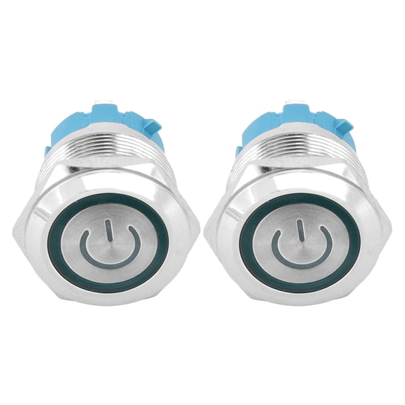 NFTIGB 2PCS 4 Pin Push Button Switch 3-6VDC 0.86 inches / 22 mm Flat Head Round Button Switch with Power Light Sign Green