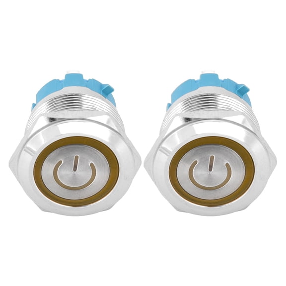 NFTIGB 2PCS 4 Pin Push Button Switch 3-6VDC 0.86 inches / 22 mm Flat Head Round Button Switch with Power Light Sign Yellow